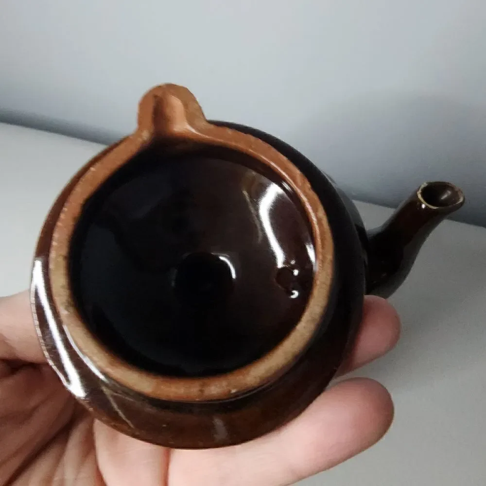 Brown Betty Teapot Japan Redware Hand Paint Pottery Moriage Style Enamel Vtg EUC